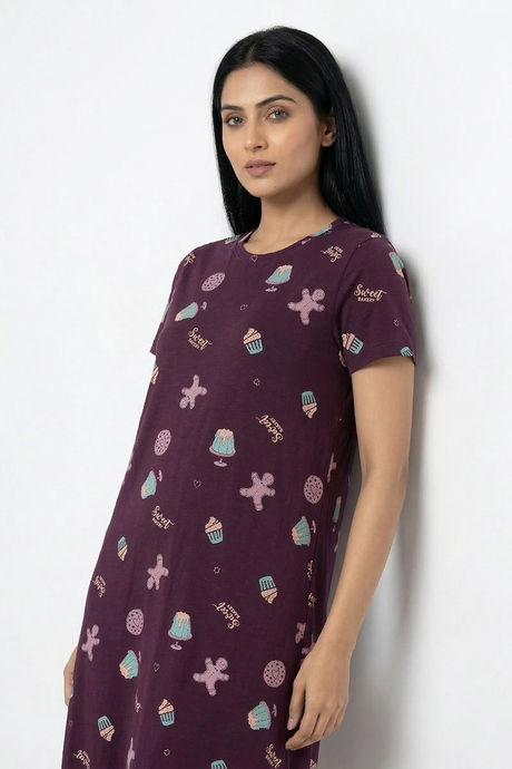 Zivame Farm Lore Knit Cotton Mid Length Nightdress - Plum Purple — image 4
